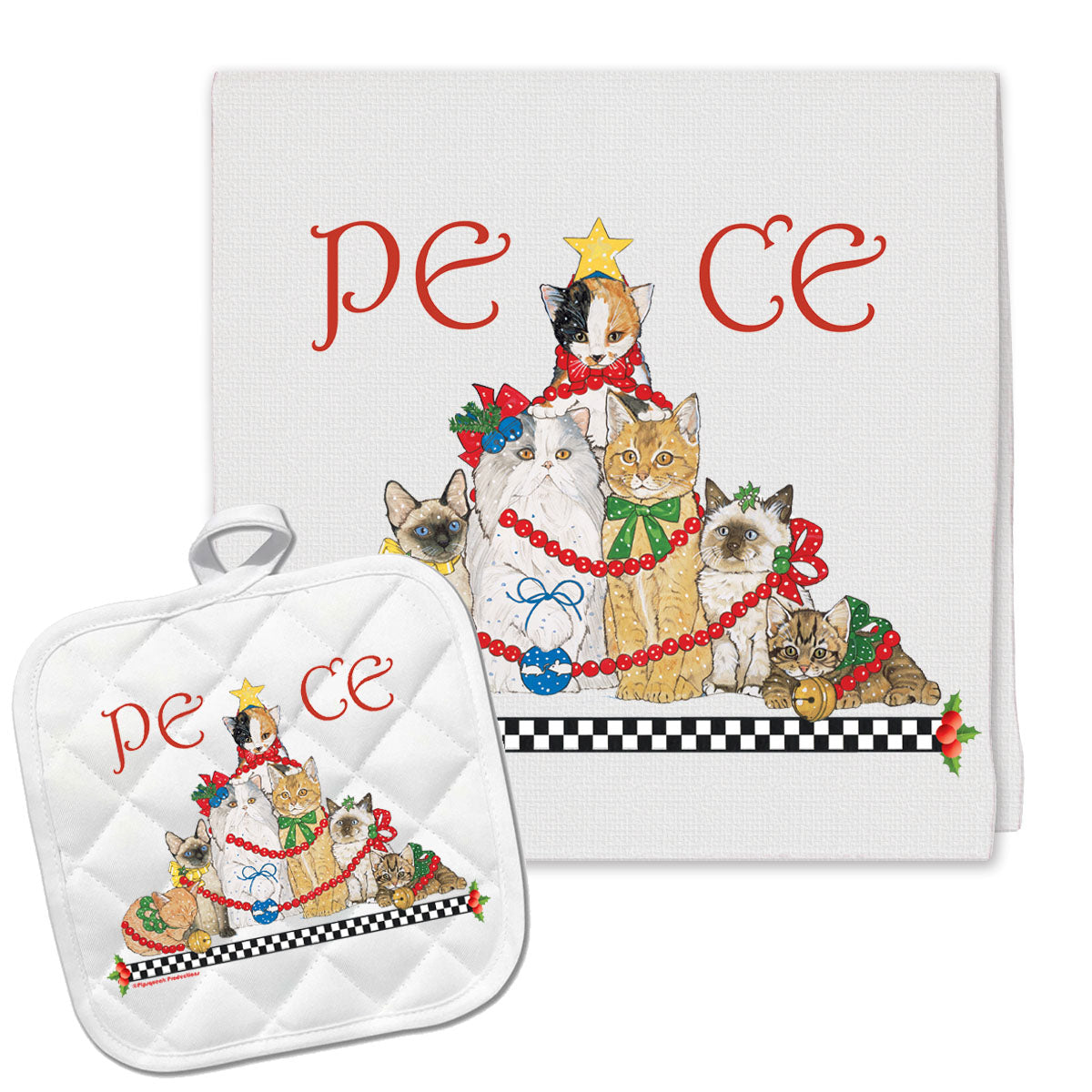 Cat Peace Tree Christmas Kitchen Towel and Pot Holder Gift Set - Pipsqueakproductions