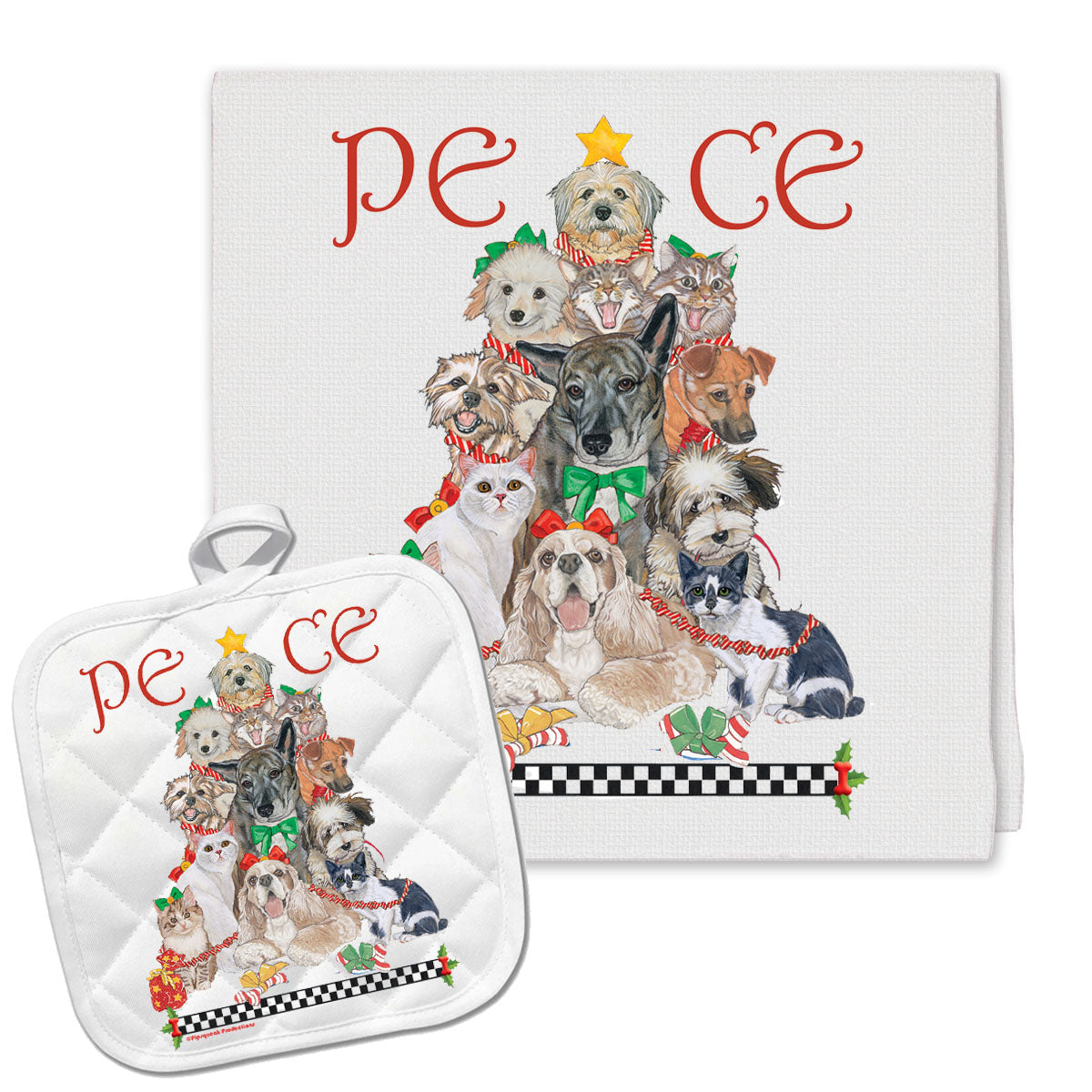Dog with Cat Peace Tree Christmas Kitchen Towel and Pot Holder Gift Set - Pipsqueakproductions