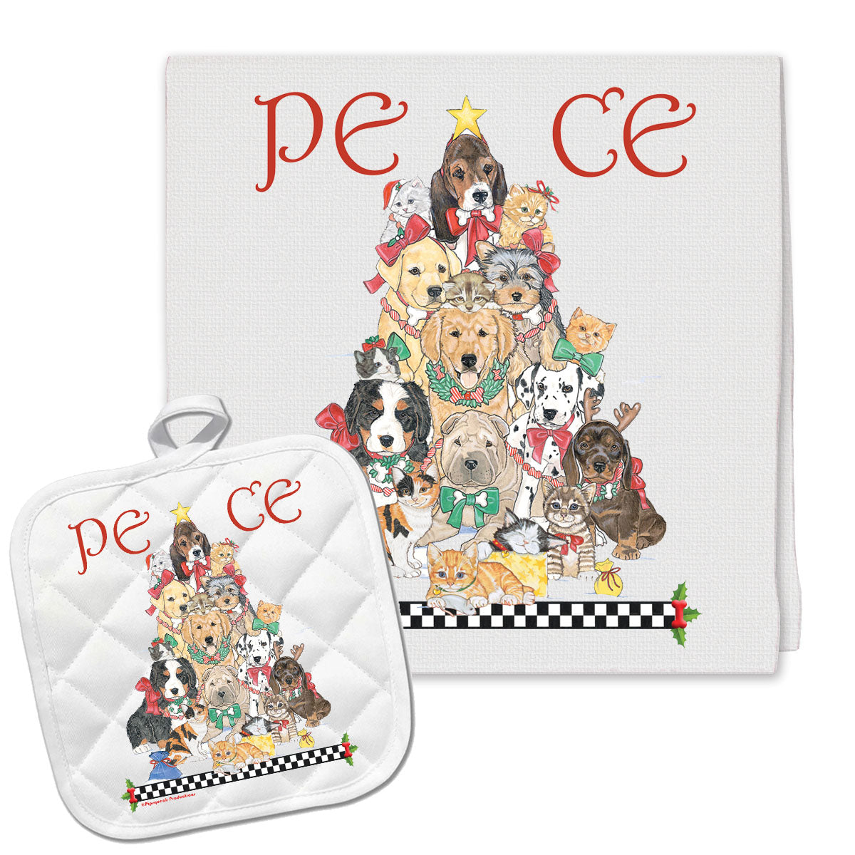 Dog with Cat Critter Peace Tree Christmas Kitchen Towel and Pot Holder Gift Set - Pipsqueakproductions