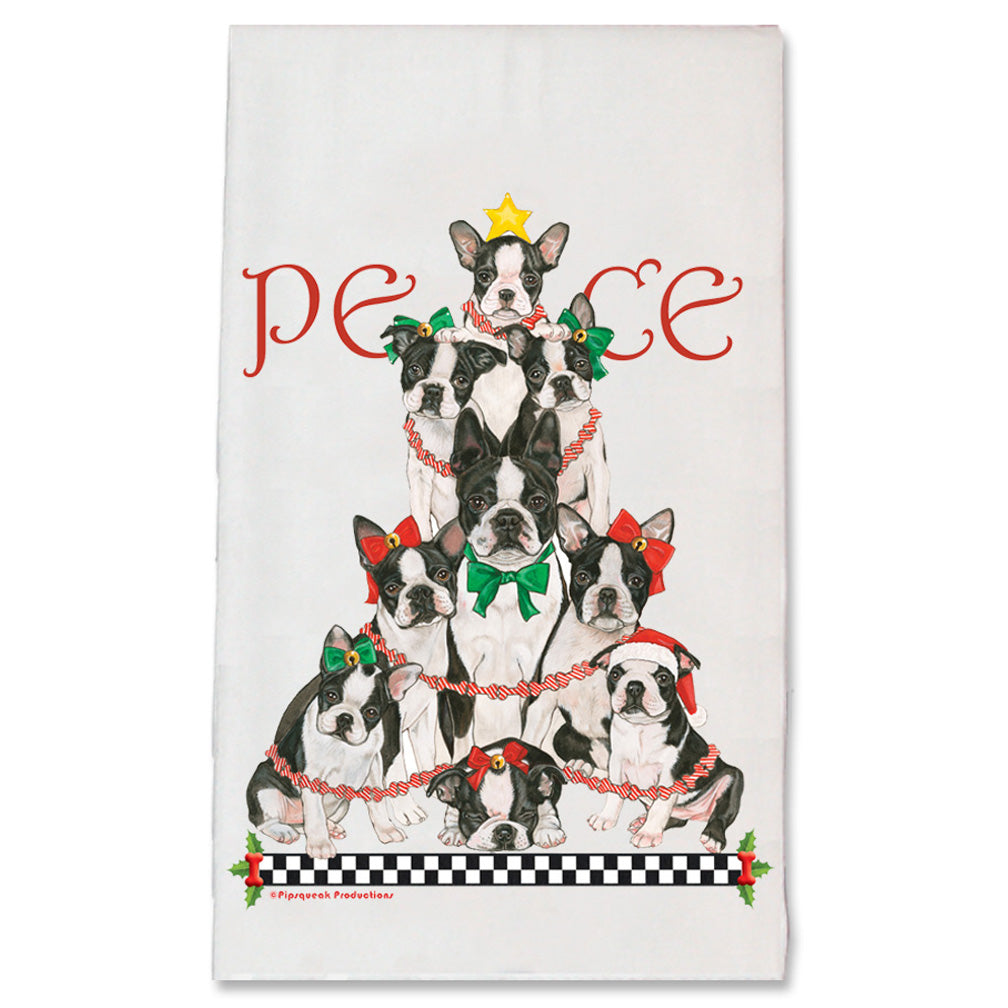 Boston Terrier Peace Tree Christmas Kitchen Towel Holiday Pet Gifts - Pipsqueakproductions