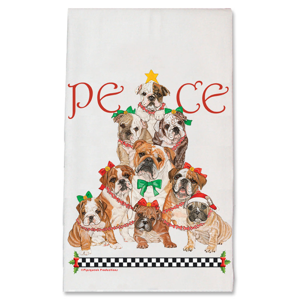 Bulldog Peace Tree Christmas Kitchen Towel Holiday Pet Gifts - Pipsqueakproductions