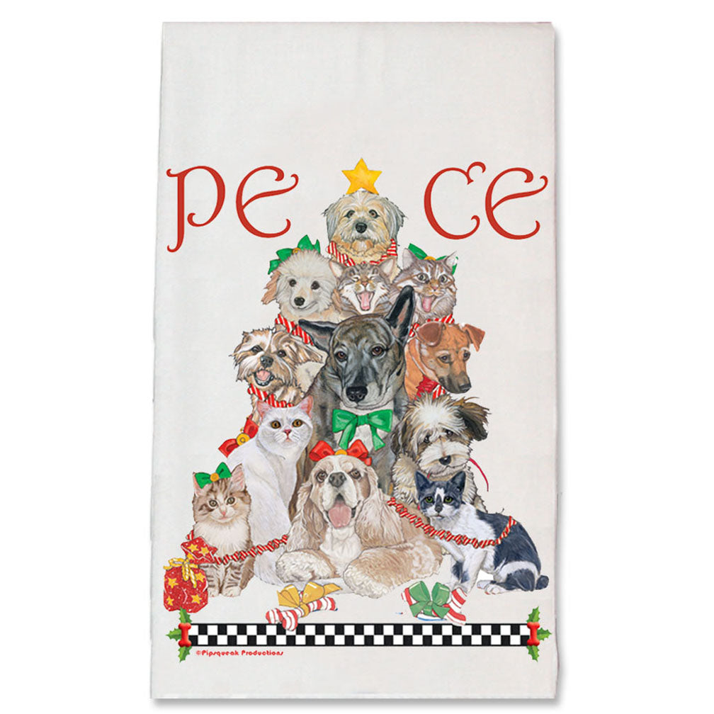 Critter Peace Tree Christmas Kitchen Towel Holiday Pet Gifts - Pipsqueakproductions
