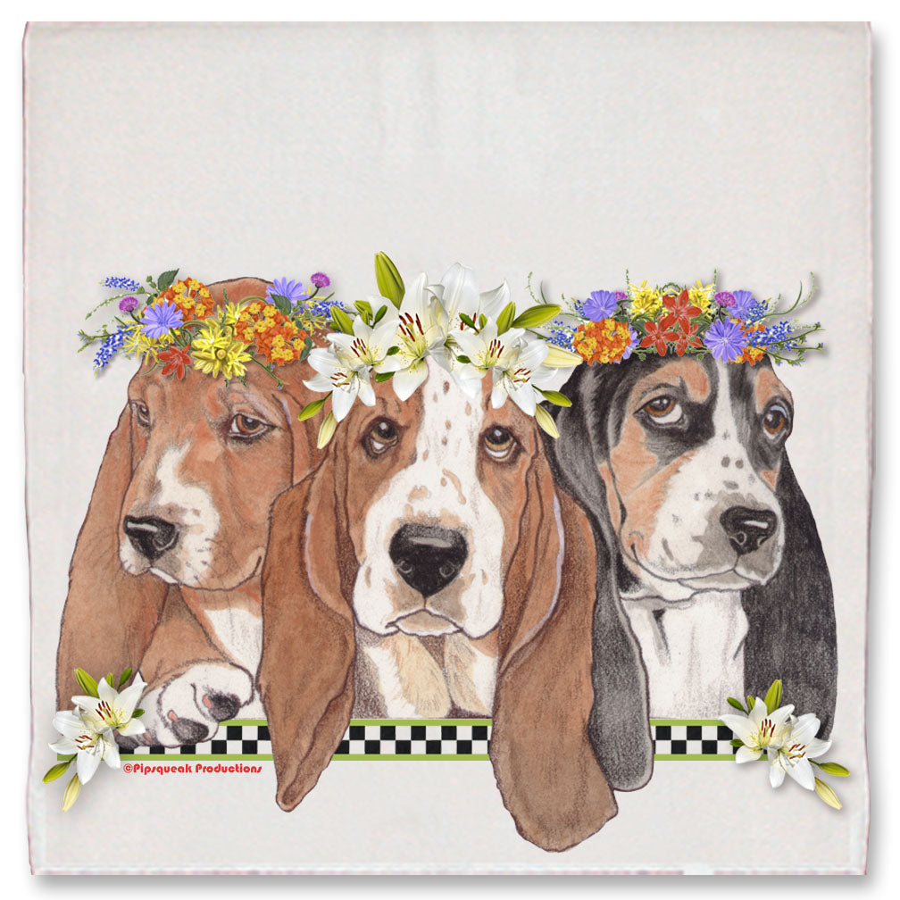 Basset Hound Dog with Flowers Kitchen Dish Towel Pet Gift - Pipsqueakproductions