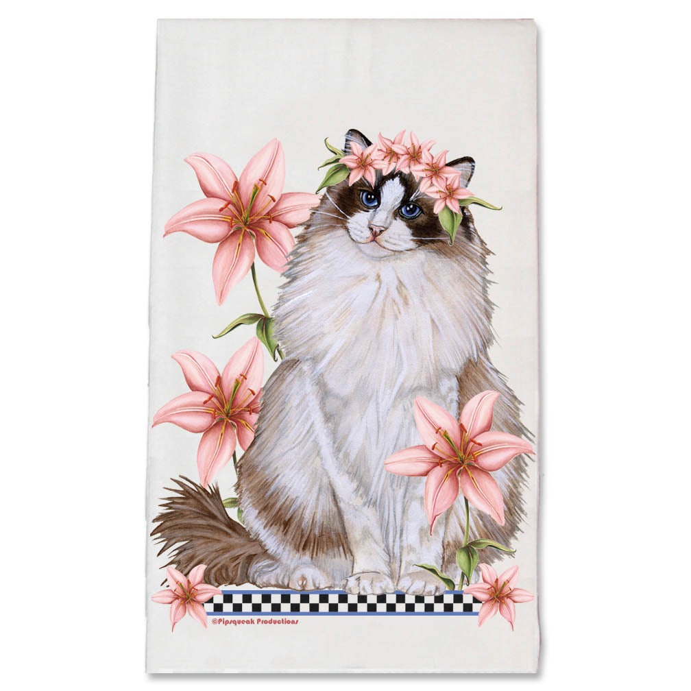 Ragdoll Cat with Pink Lilies Floral Kitchen Dish Towel Pet Gift - Pipsqueakproductions