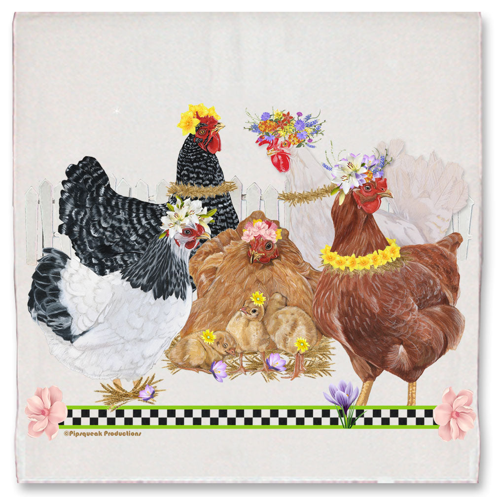 Chickens Mother Hens with Chicks Floral Kitchen Dish Towel Pet Gift - Pipsqueakproductions