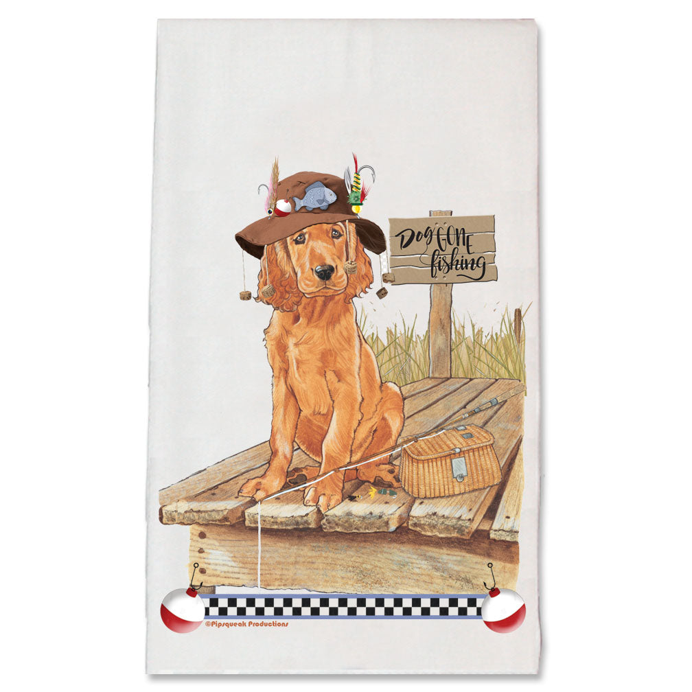 Irish Setter Pup Dog Gone Fishing Kitchen Dish Towel Pet Gift - Pipsqueakproductions