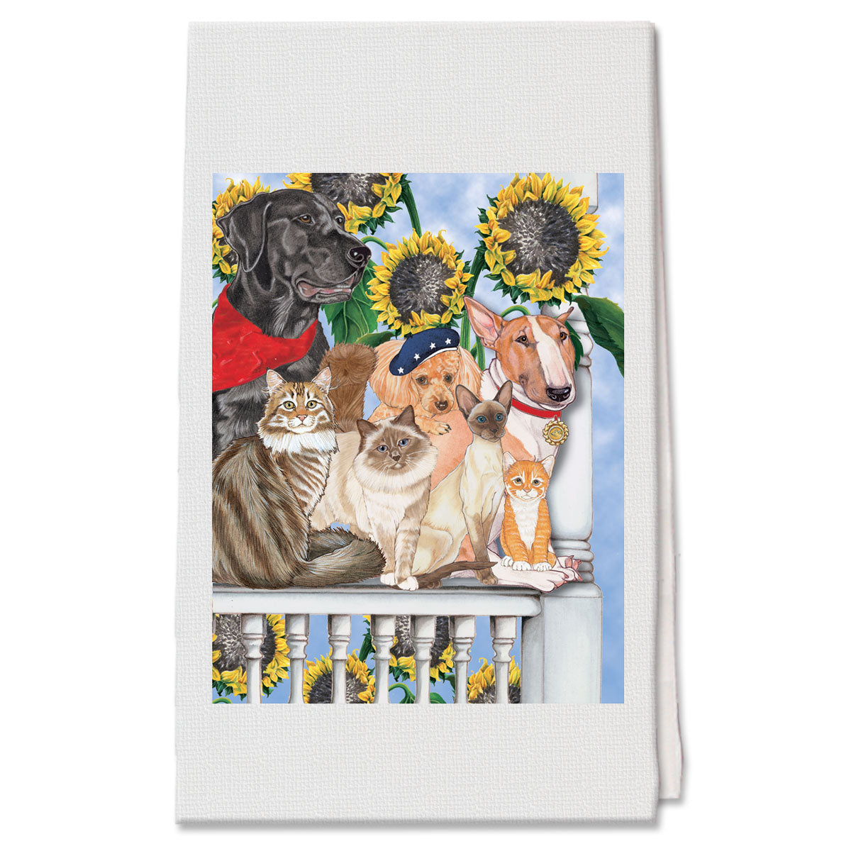 Dogs and Cats Under the Tuscan Sunflowers Decorative Cotton Kitchen Dish Towel, Pet Gift - Pipsqueakproductions