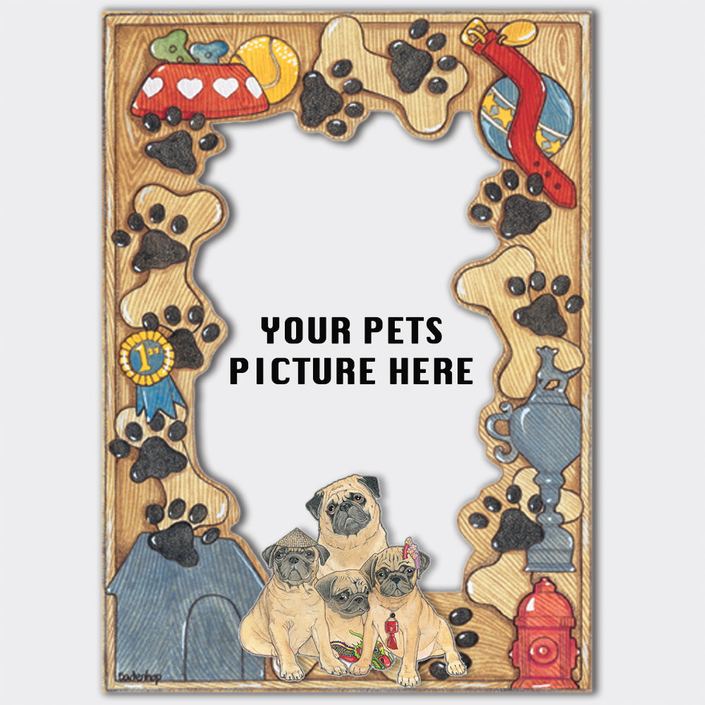 Pug Wooden Picture Frame Die-Cut 2-Dimensional 5” x 7” Holds 4" x 6" Photo - Pipsqueakproductions