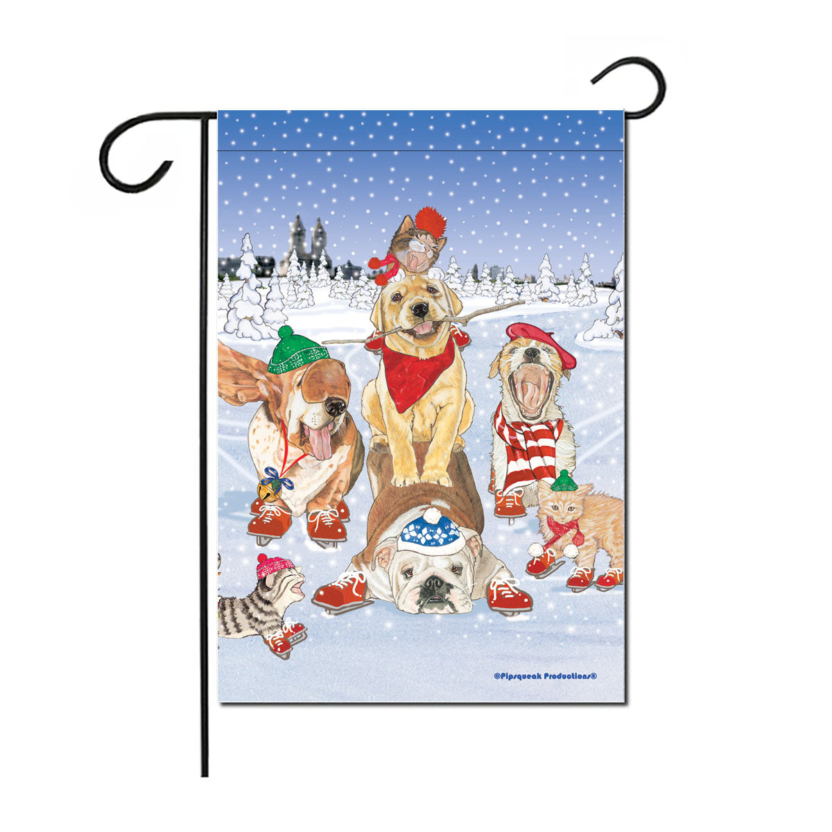 Dogs and Cats Holiday on Ice Christmas Garden Flag Double Sided 12” x 17” - Pipsqueakproductions