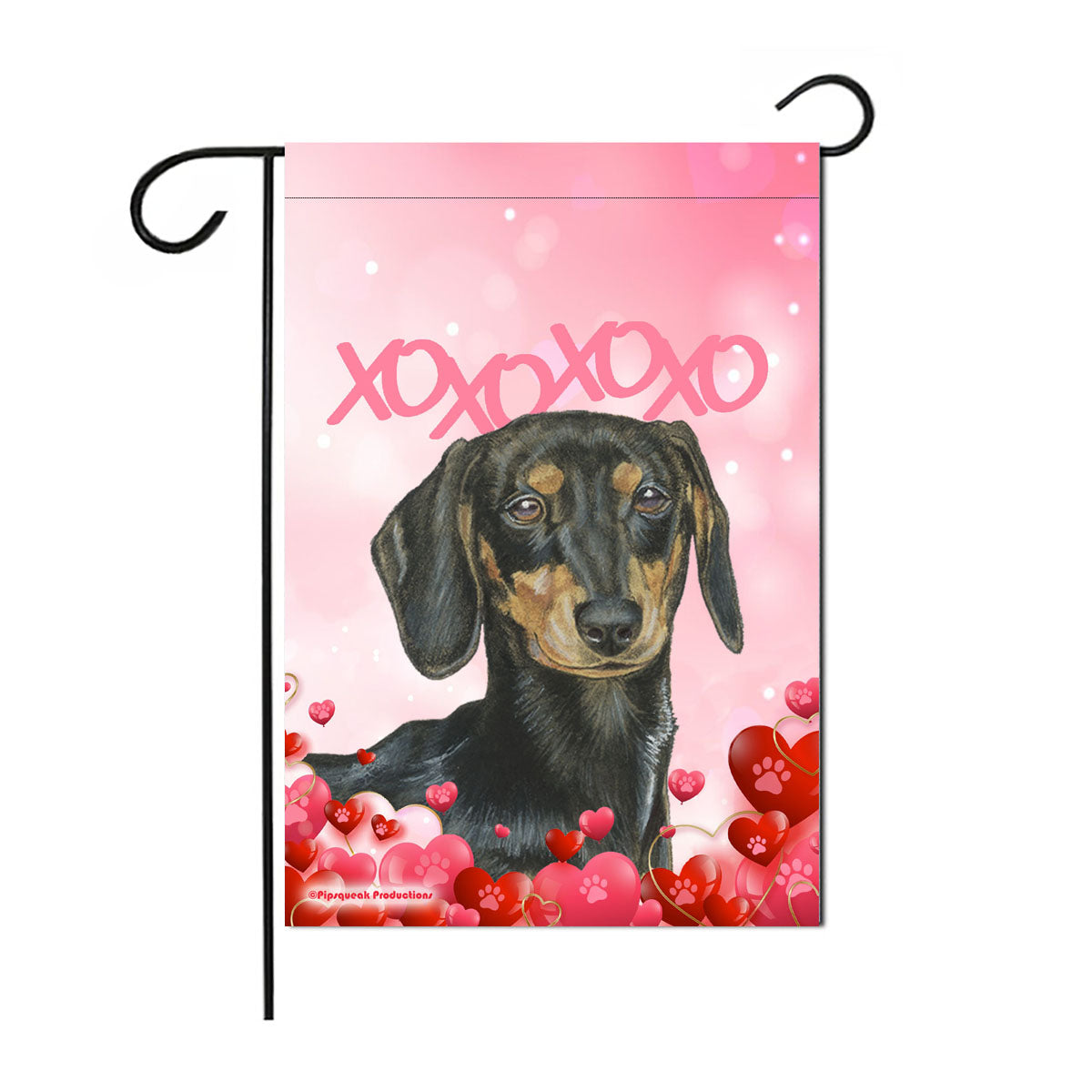 Dachshund Black and Tan Smooth, Valentine’s Day Garden Flag, Double sided 12” x 18” Yard Art Decor - Pipsqueakproductions