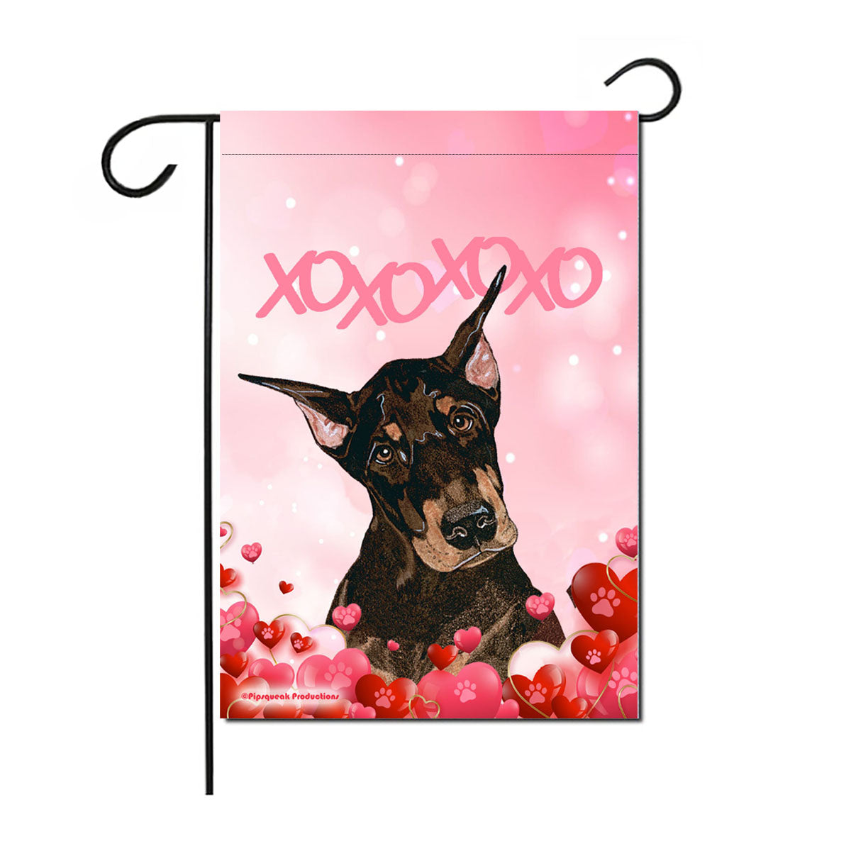 Doberman Pincher Black and Rust, Valentine’s Day Garden Flag, Double Sided 12” X 18” Yard Art Decor - Pipsqueakproductions