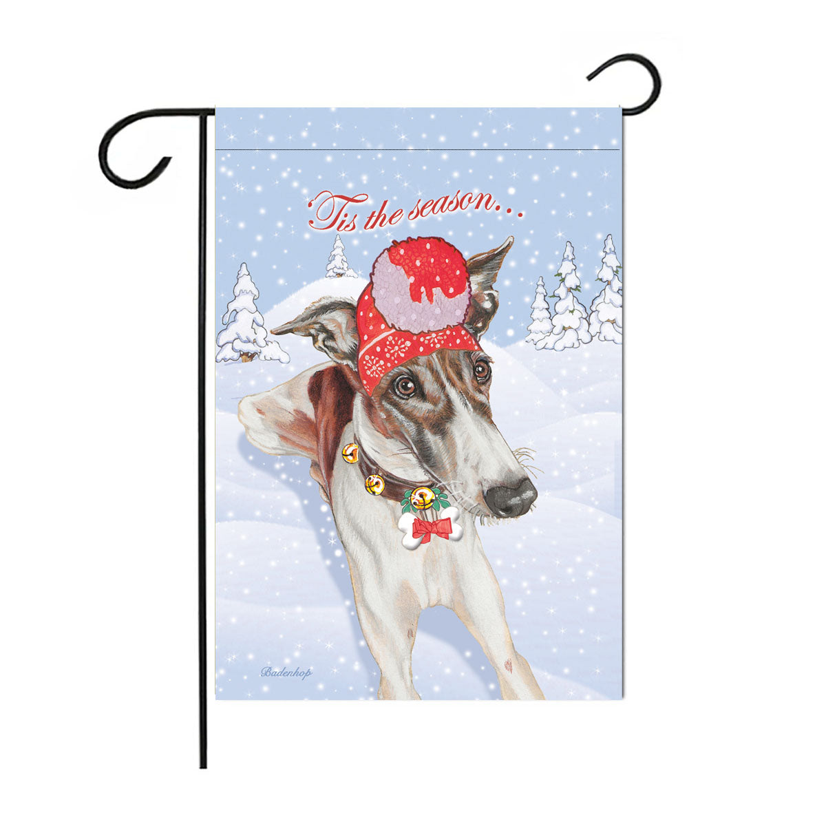 Greyhound Brindle and White, Christmas Garden Flag Double Sided 12” x 17” - Pipsqueakproductions