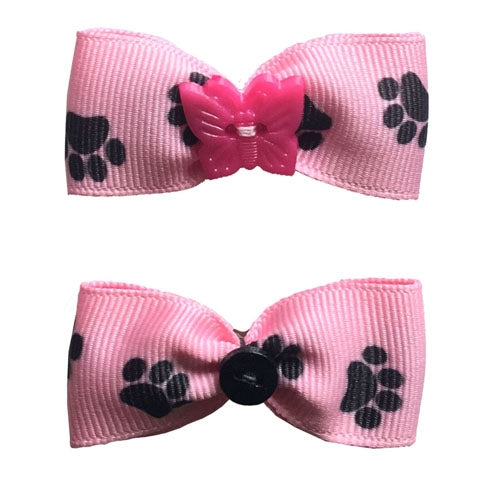 Dog Hair Bows Two Pink with Black Paw Prints - Pipsqueakproductions