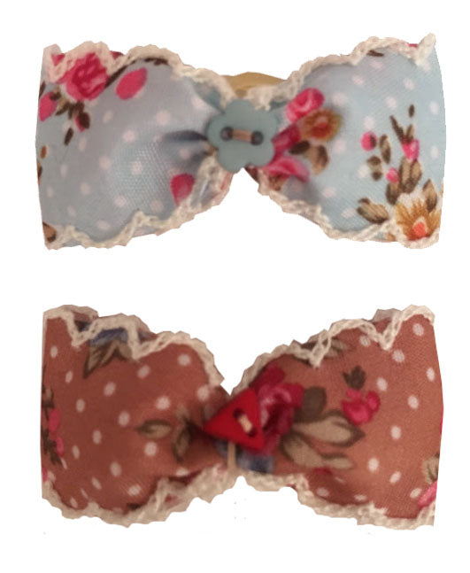 Dog Hair Bows Summer Spring Duo, Blue Polka Dot and Brown Polka Dot with Flowers - Pipsqueakproductions