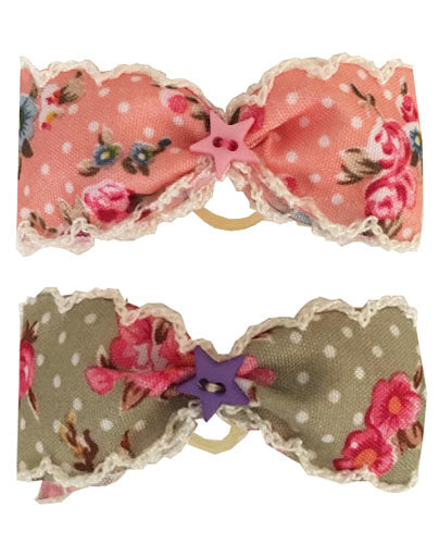 Dog Hair Bows Summer Spring Duo, Pink Polka Dot and Sage Polka Dot with Flowers - Pipsqueakproductions
