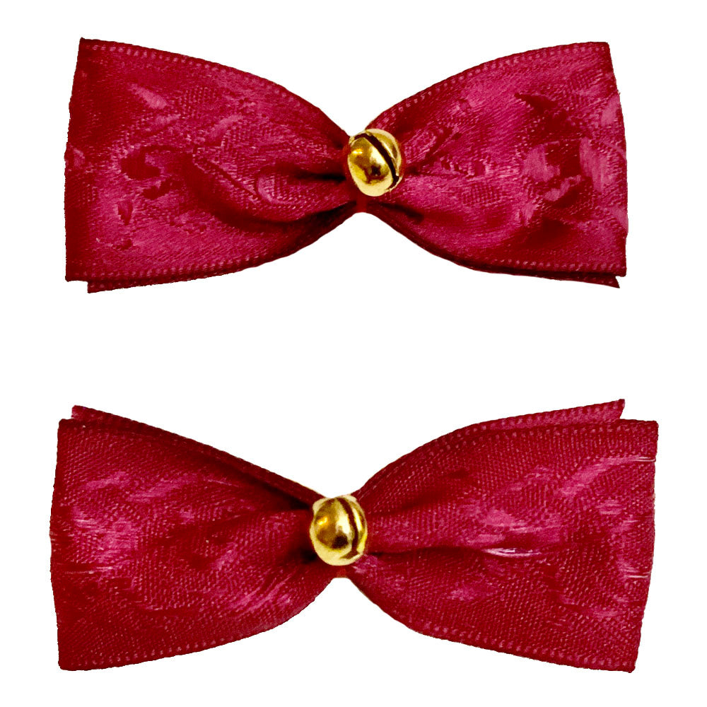 Dog Hair Bows Two Burgundy Satin with Jingle Bells - Pipsqueakproductions