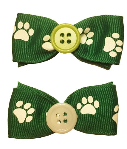 Dog Hair Bows Two Green with White Paw Prints - Pipsqueakproductions