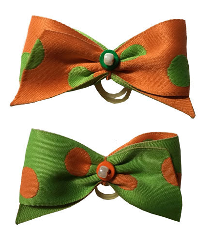 Dog Hair Bows Two Orange and Green Polka Dot - Pipsqueakproductions