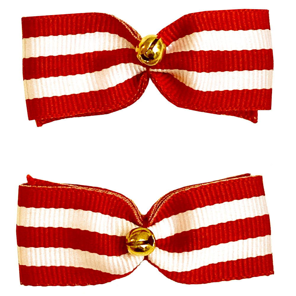 Dog Hair Bows Two Red Candy Stripe with Jingle Bells - Pipsqueakproductions