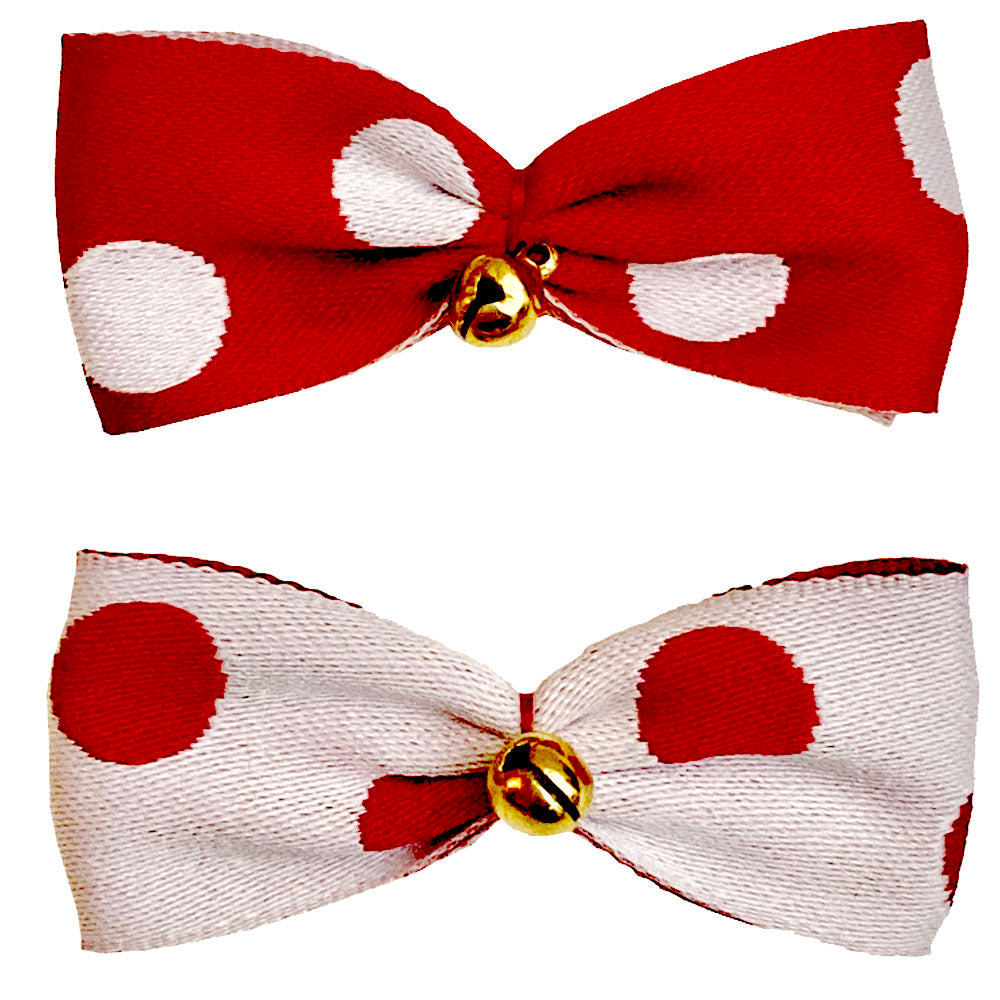 Dog Hair Bows Two Red and White Polka Dot with Jingle Bells - Pipsqueakproductions
