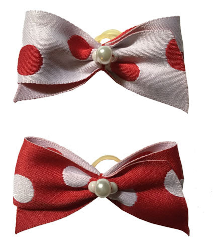 Dog Hair Bows Two Red and White Polka Dot with Pearls - Pipsqueakproductions