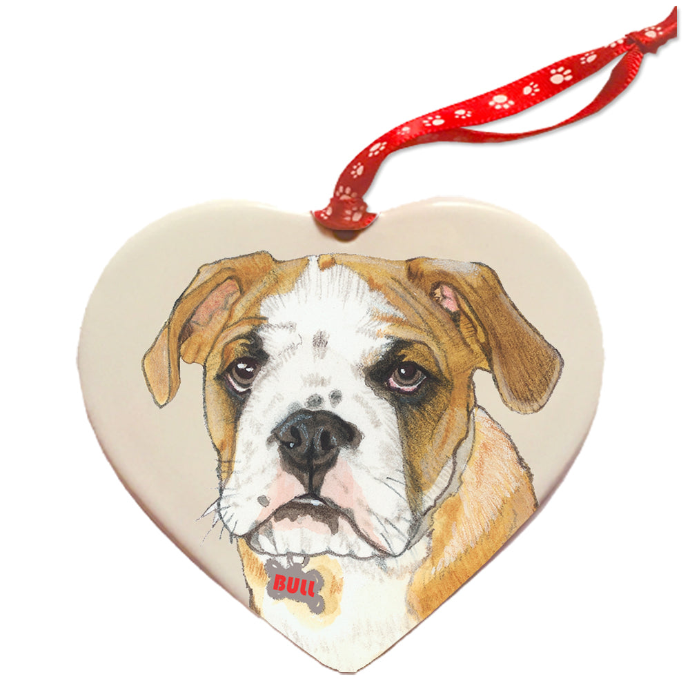 Bulldog Pup Porcelain Heart Ornament Double-Sided - Pipsqueakproductions