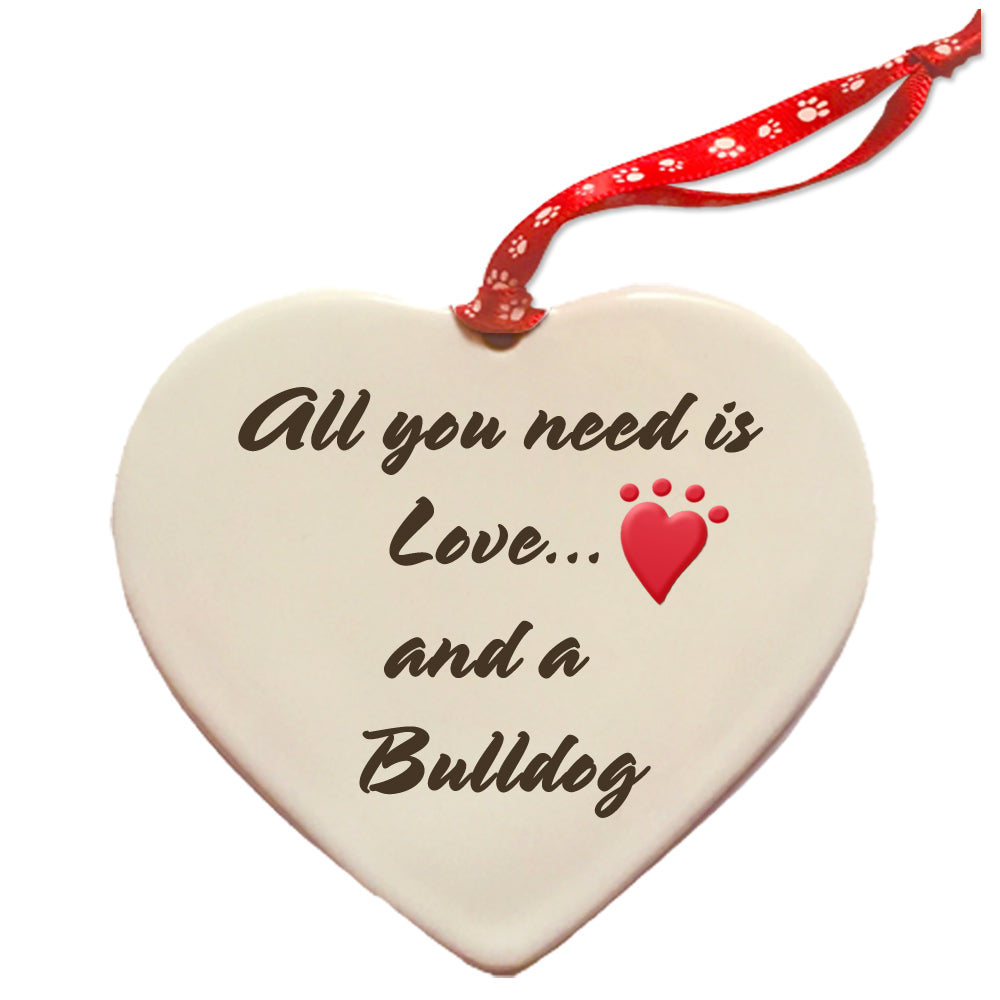 Bulldog Pup Porcelain Heart Ornament Double-Sided - Pipsqueakproductions