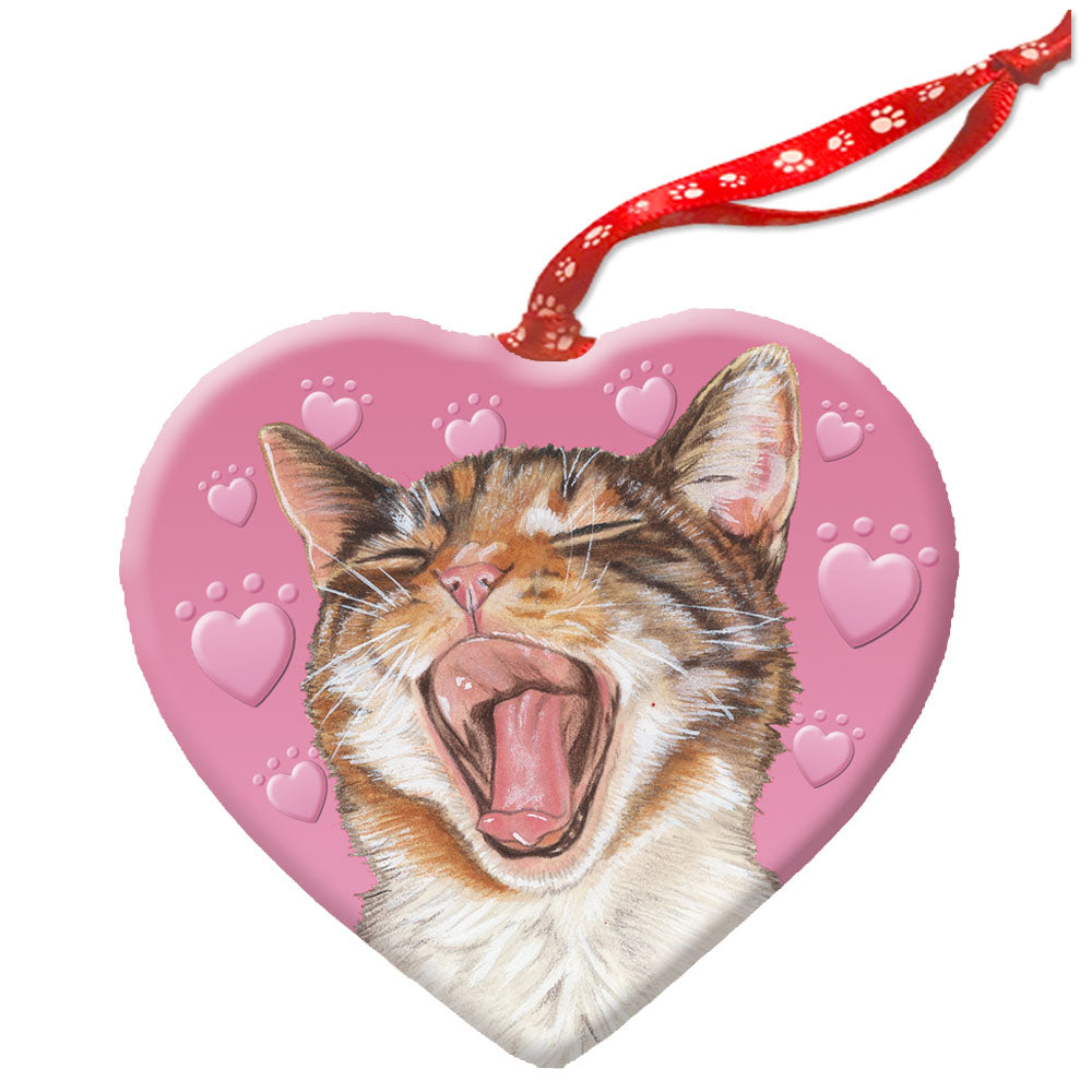Cat Tabby Kitty Porcelain Pink Heart Ornament Double-sided - Pipsqueakproductions