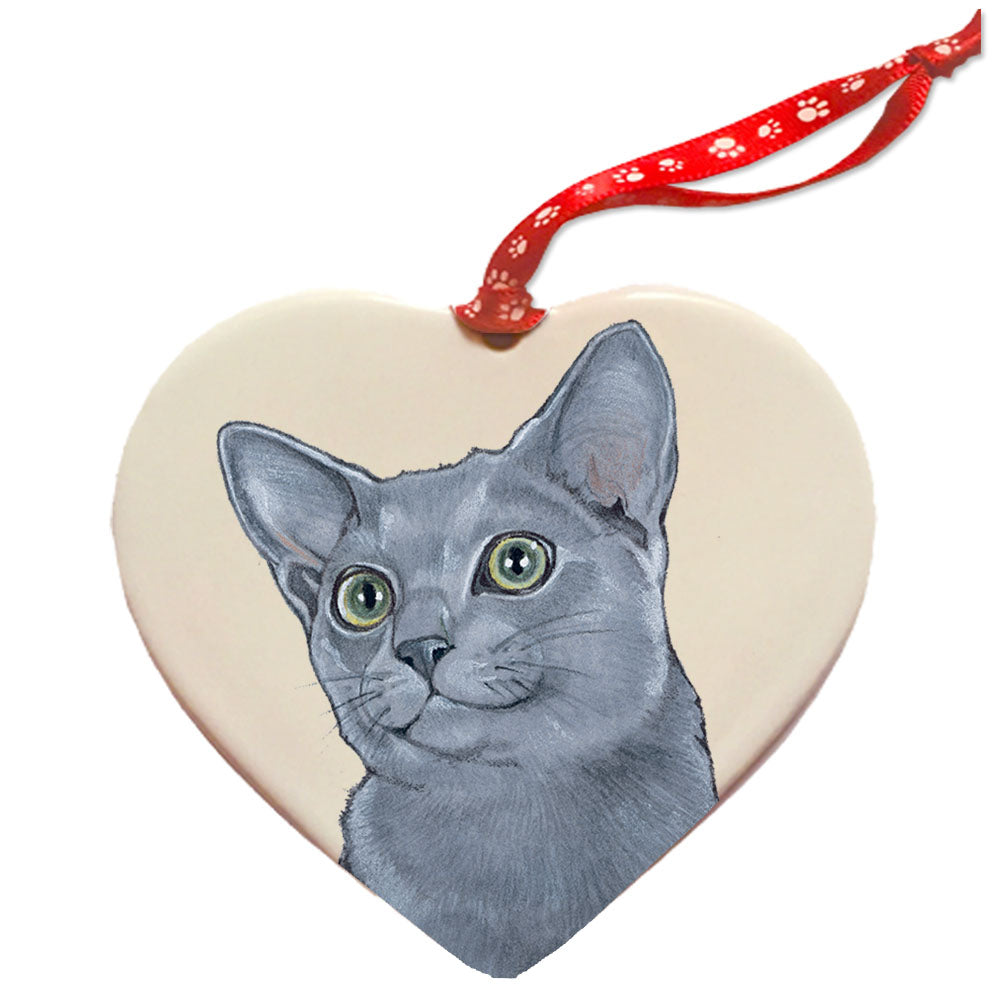 Russian Blue Cat Porcelain Pet Gift Heart Ornament - Pipsqueakproductions