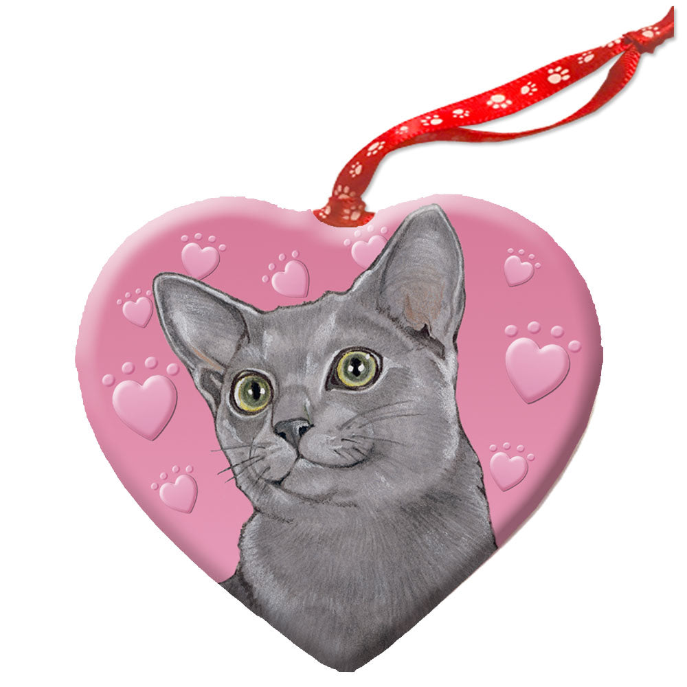 Russian Blue Cat Porcelain Pink Heart Ornament Pet Gift - Pipsqueakproductions