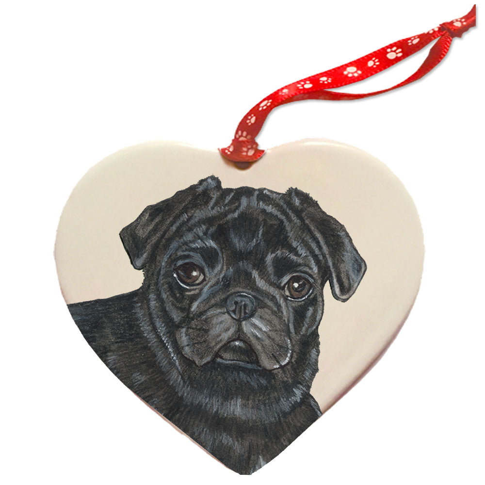 Pug Black Pug Porcelain Pet Gift Heart Ornament - Pipsqueakproductions