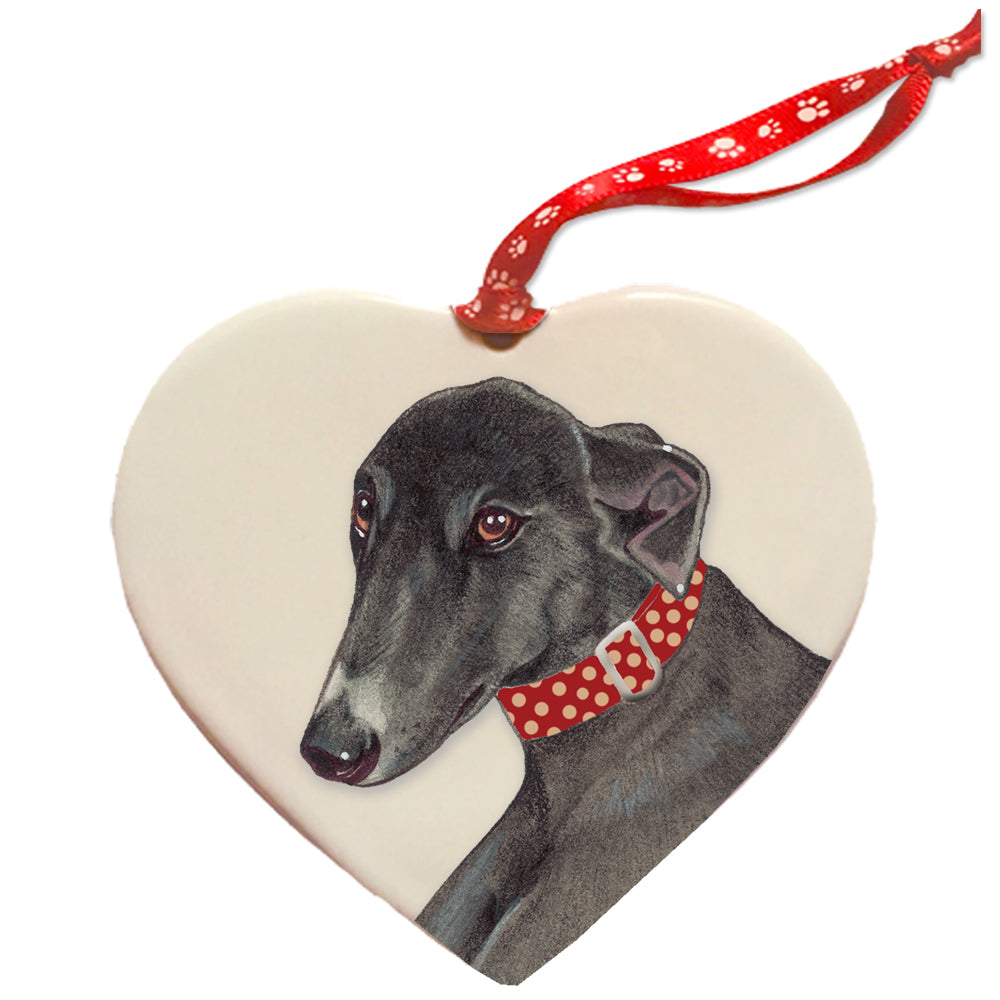 Greyhound, Black Greyhound Porcelain Heart Ornament Double-Sided - Pipsqueakproductions
