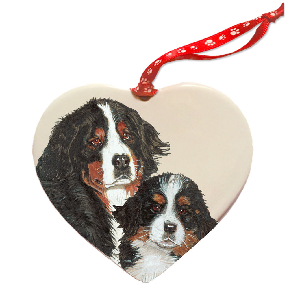 Bernese Mountain Dog Porcelain Heart Ornament Double-Sided - Pipsqueakproductions