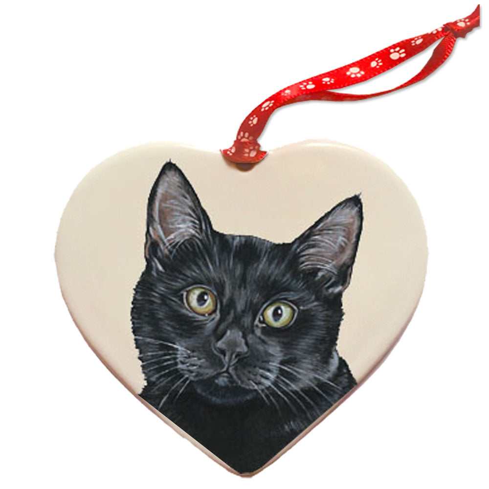 Black Cat Porcelain Heart Ornament Double-Sided - Pipsqueakproductions