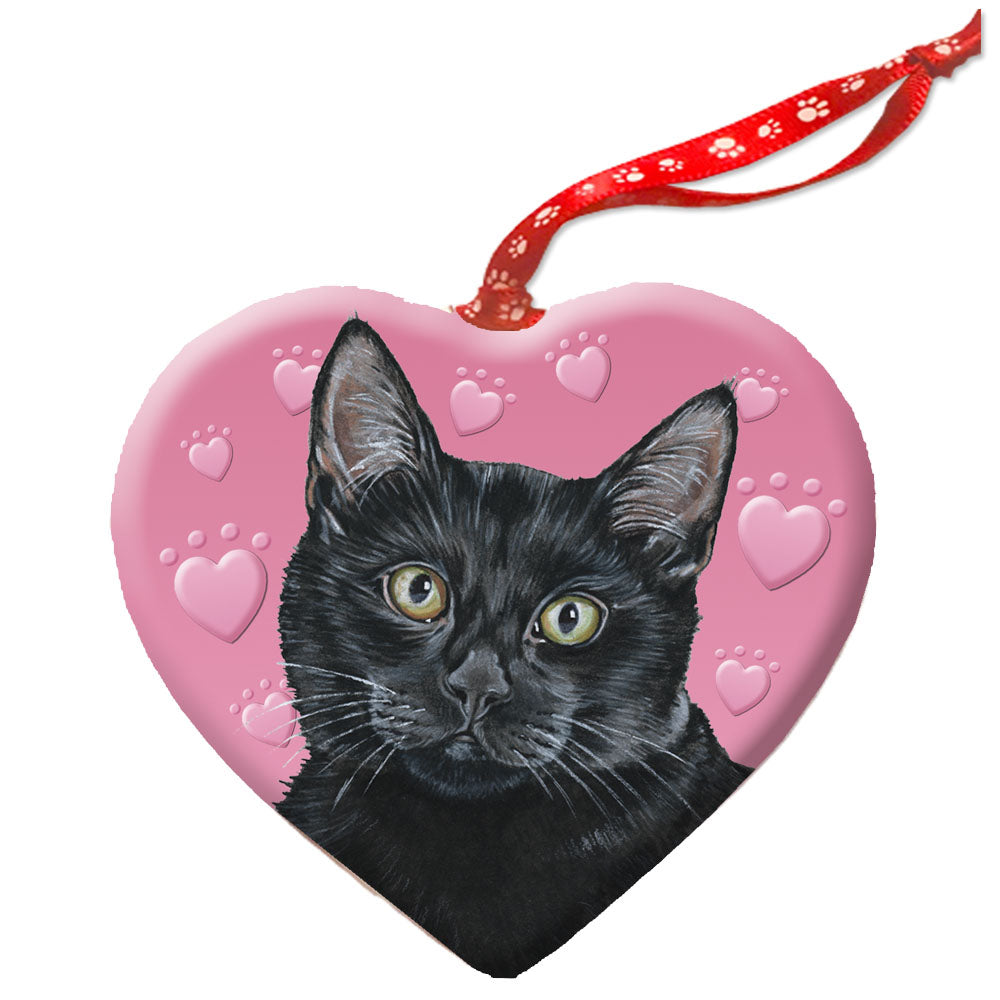 Cat Black Kitty Porcelain Pink Heart Shaped Ornament Double-Sided - Pipsqueakproductions