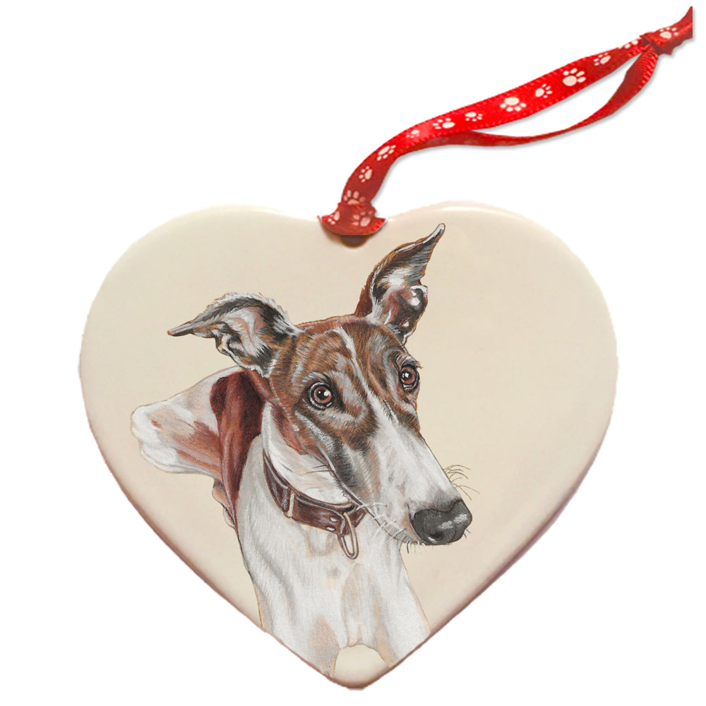 Greyhound Brindle and White Porcelain Heart Ornament Double-Sided - Pipsqueakproductions