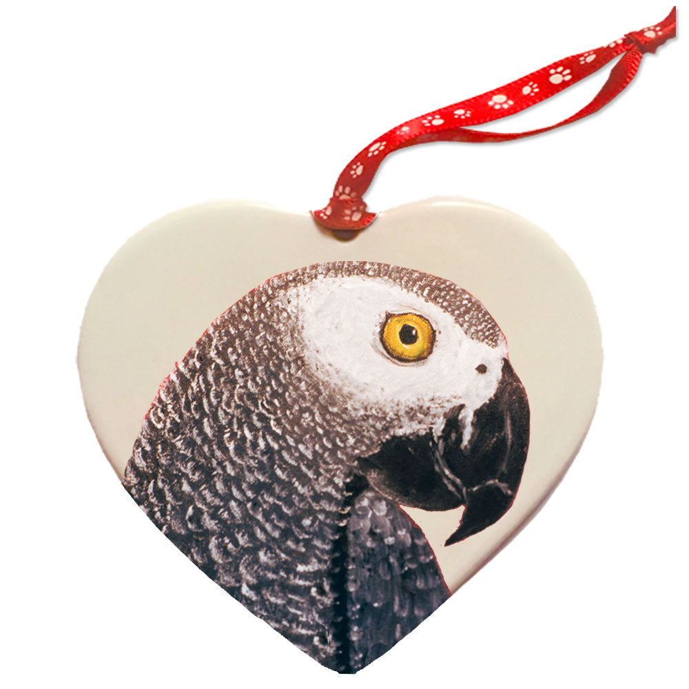 African Grey Parrot Porcelain Pet Gift Heart Ornament Double-Sided - Pipsqueakproductions