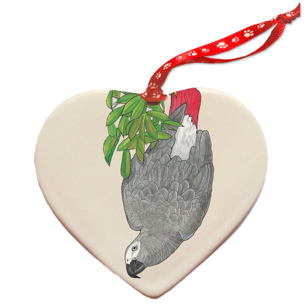 African Grey Parrot Porcelain Pet Gift Heart Ornament Double-Sided - Pipsqueakproductions
