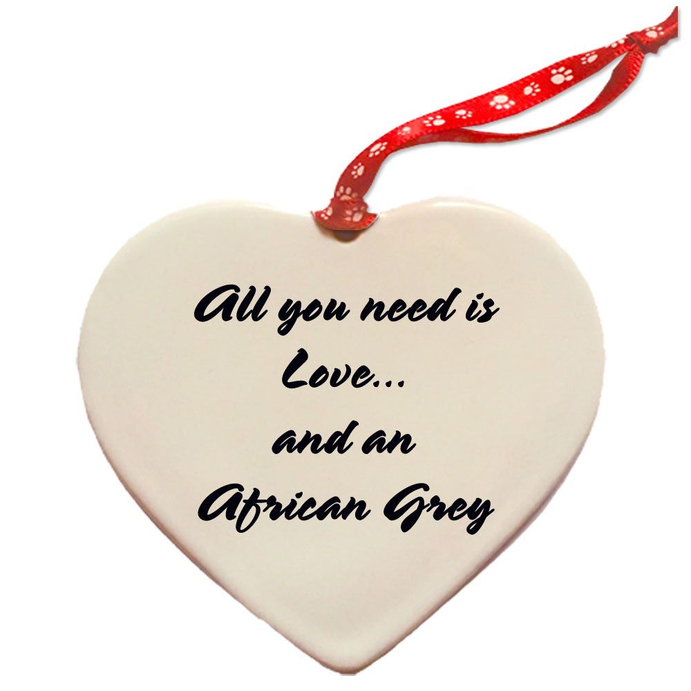 African Grey Parrot Porcelain Pet Gift Heart Ornament Double-Sided - Pipsqueakproductions
