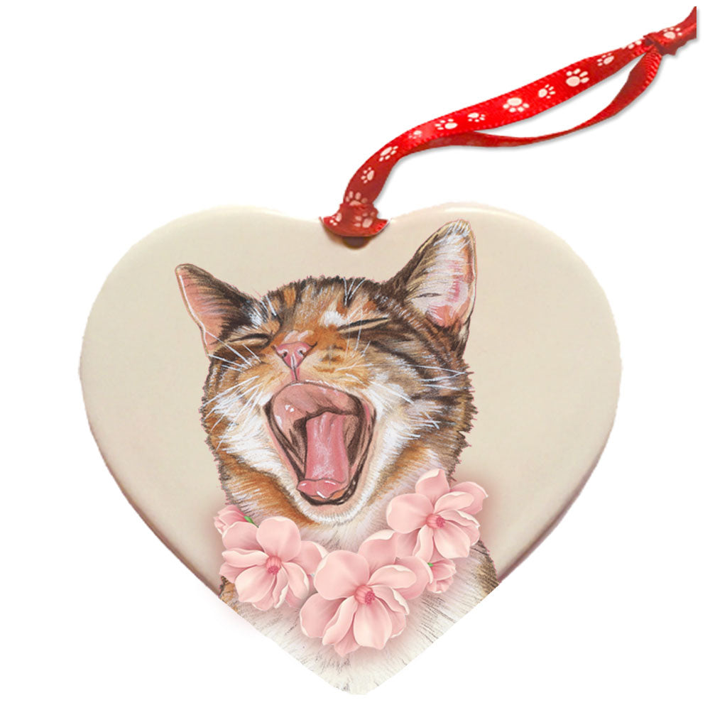 Cat's Meow Tabby Porcelain Floral Heart Shaped Ornament Double-Sided - Pipsqueakproductions