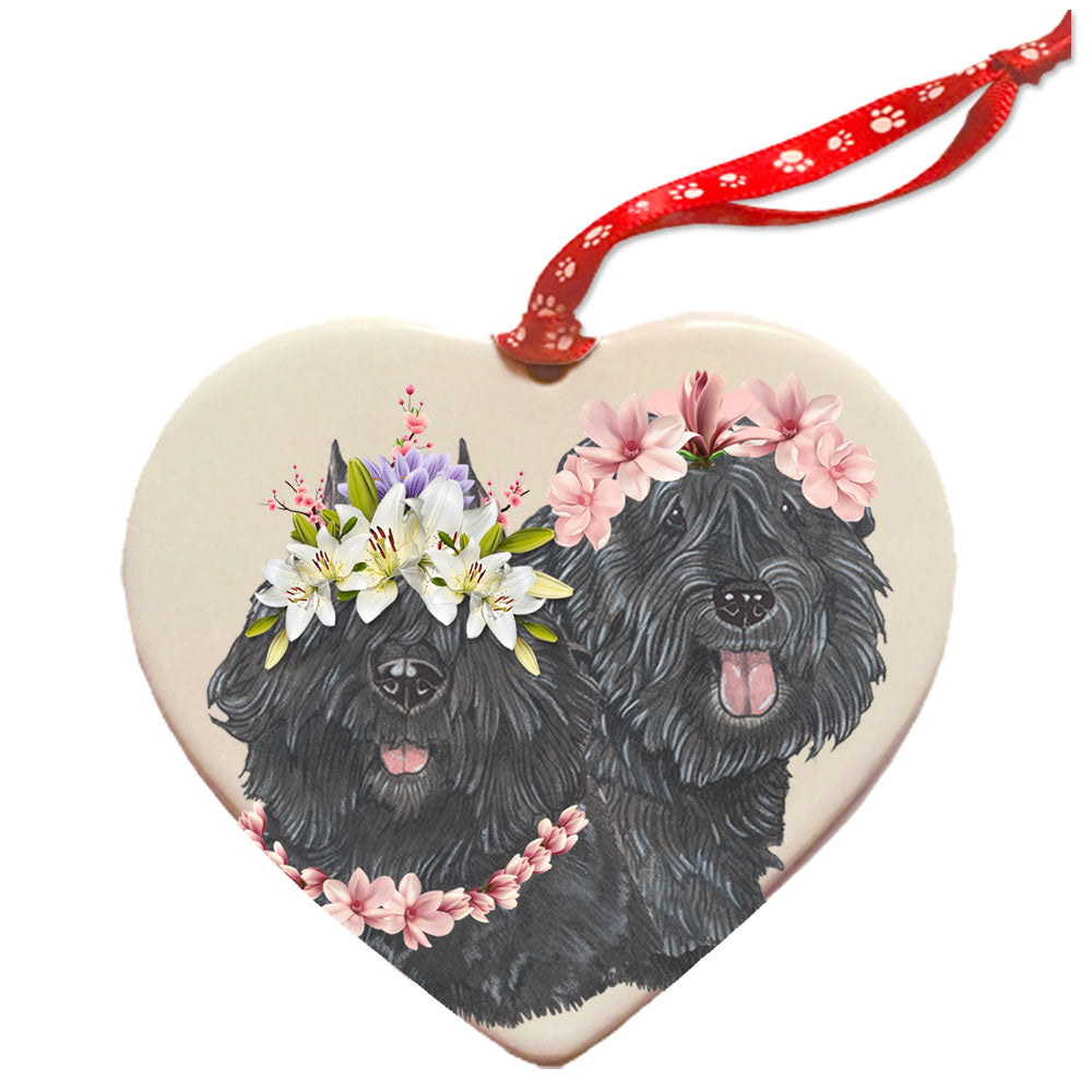 Bouvier des Flandres Porcelain Floral Heart Shaped Ornament Décor Double-Sided - Pipsqueakproductions