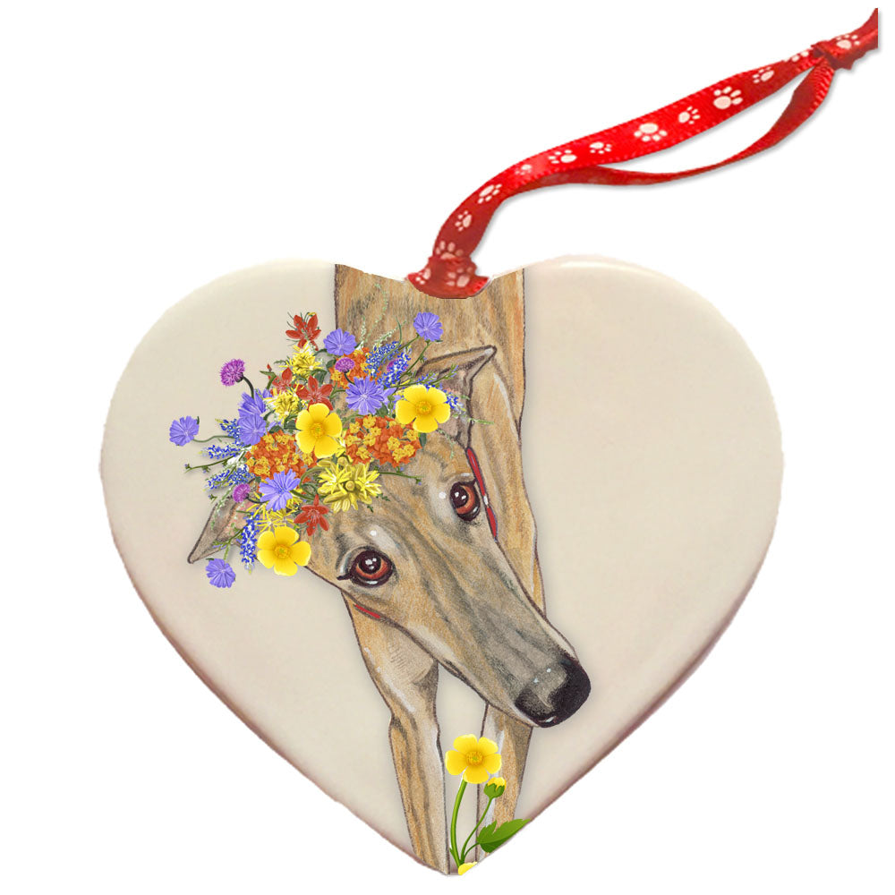 Greyhound Brindle Porcelain Floral Heart Ornament Double-Sided - Pipsqueakproductions
