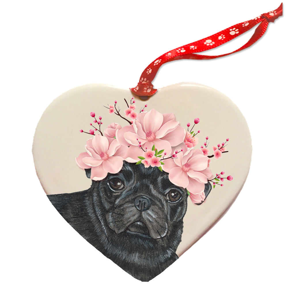 Pug Black Pug Dog Porcelain Floral Heart Shaped Ornament Décor Pet Gift - Pipsqueakproductions
