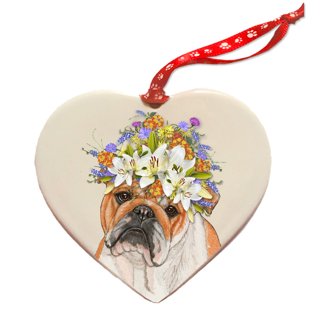 Bulldog Porcelain Floral Heart Shaped Ornament Décor Double-Sided - Pipsqueakproductions