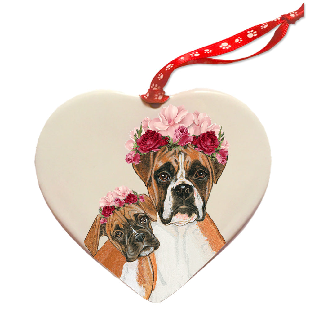 Boxer Porcelain Floral Heart Shaped Ornament Décor Double-Sided - Pipsqueakproductions