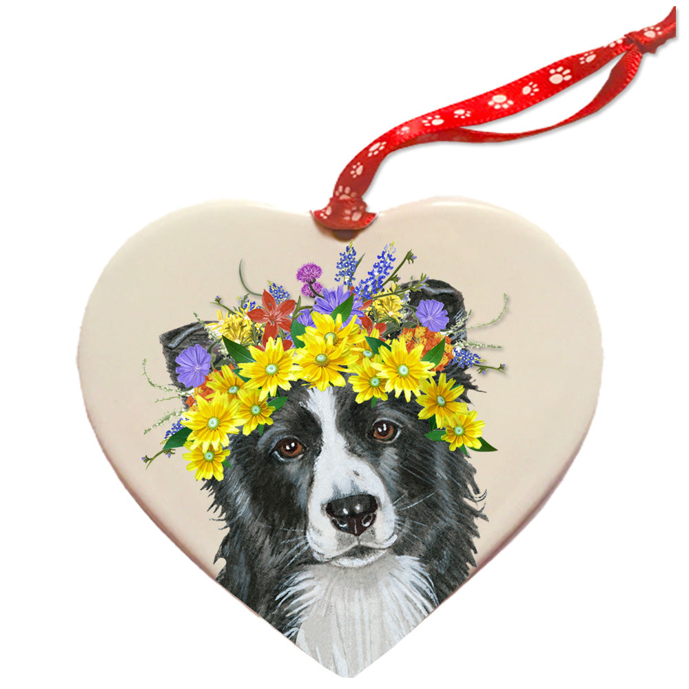 Border Collie Porcelain Floral Heart Shaped Ornament Double-Sided - Pipsqueakproductions
