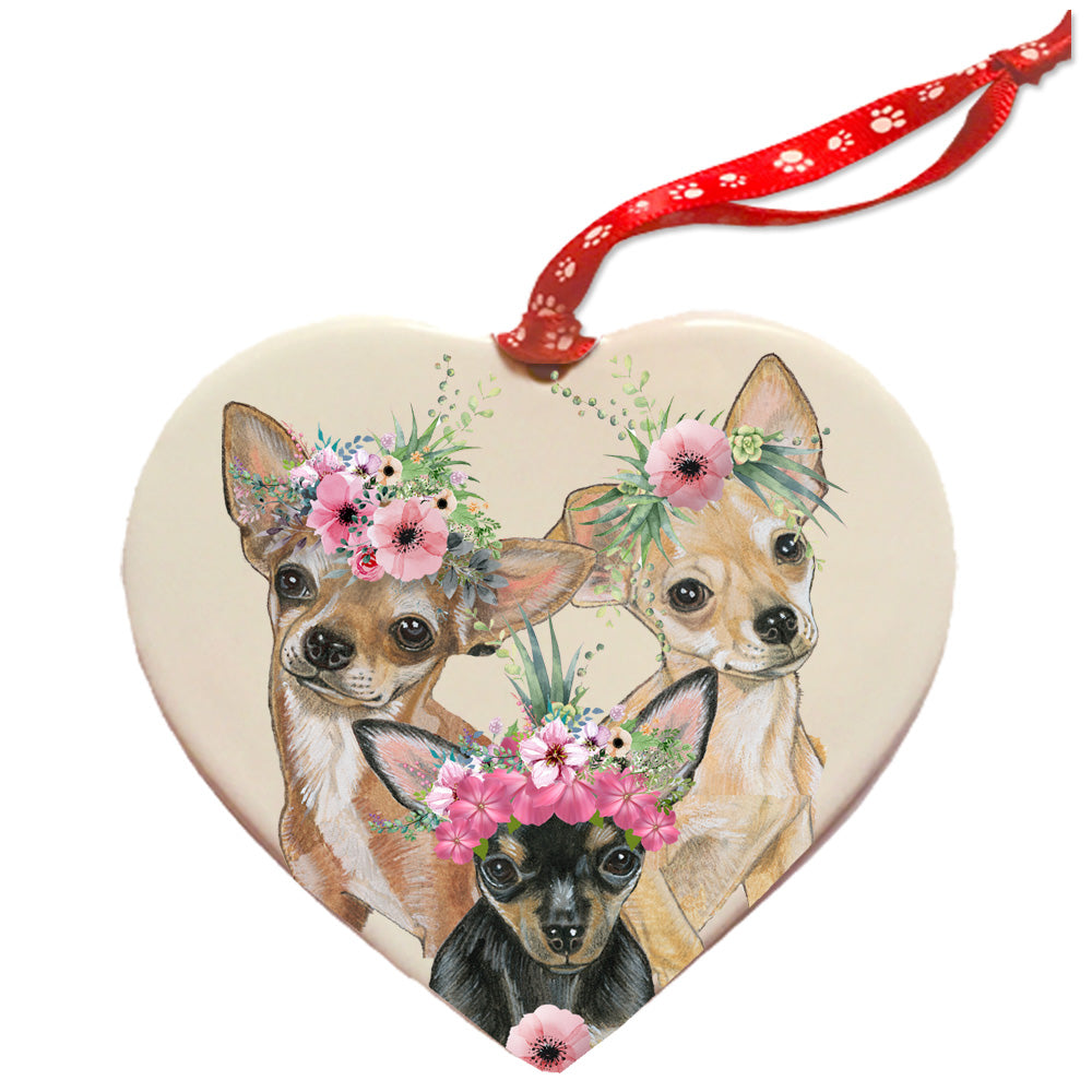 Chihuahua Porcelain Floral Heart Shaped Ornament Double-Sided - Pipsqueakproductions