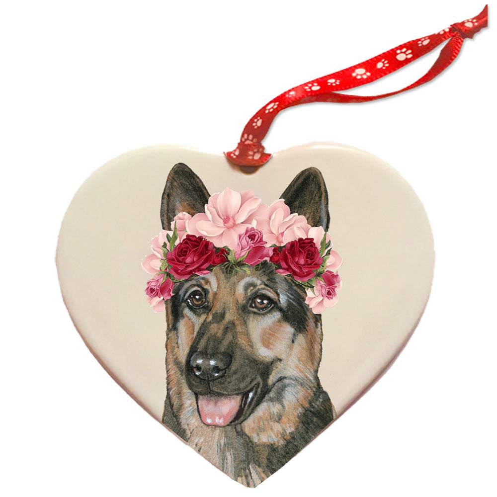 German Shepherd Dog Porcelain Floral Heart Shaped Ornament Décor Pet Gift - Pipsqueakproductions