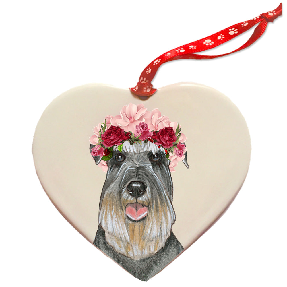 Schnauzer Dog Porcelain Floral Heart Shaped Ornament Décor Pet Gift - Pipsqueakproductions