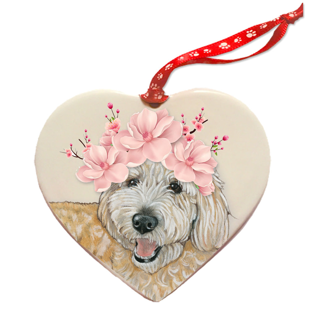 Goldendoodle Labradoodle Dog Porcelain Floral Heart Shaped Ornament Décor Pet Gift - Pipsqueakproductions